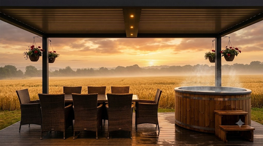 Covered deck with dining, hot tub and open countryside at sunset