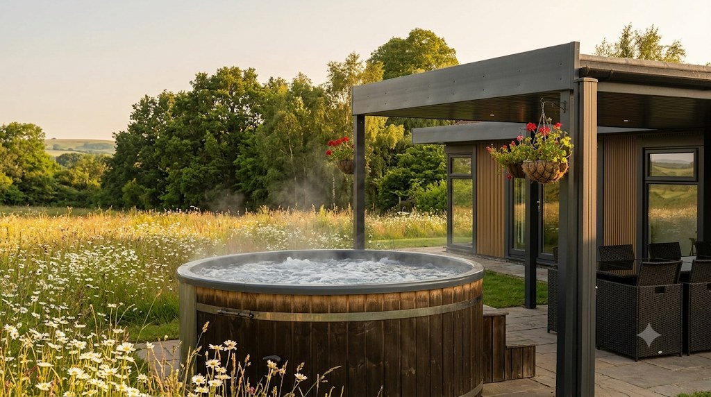 Wood-fired hot tub beside a cabin